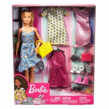 Muñeca Fashionista Barbie con 4 Vestidos y Accesorios
